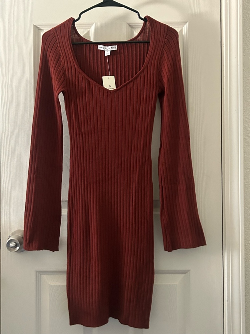 a new day Ribbed V-Neck Long Sleeve Dress in Rust Red